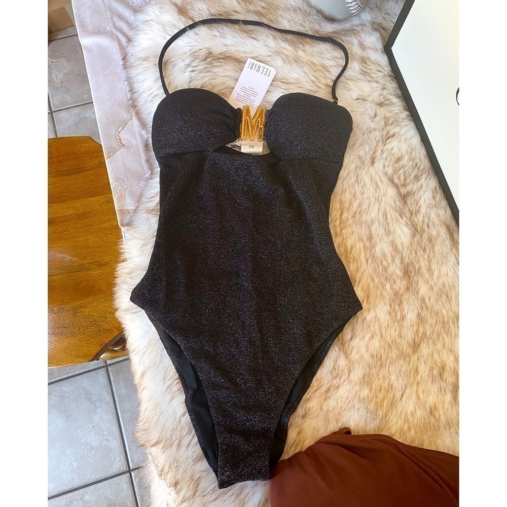 Moschino Glitter Halter Cutout One Piece Swimsuit Black XS NWT